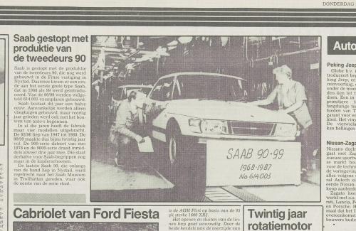Pers over de Saab 90 - Productiestop artikel, 1987